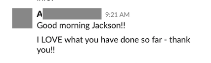 Redacted client testimonial screenshot