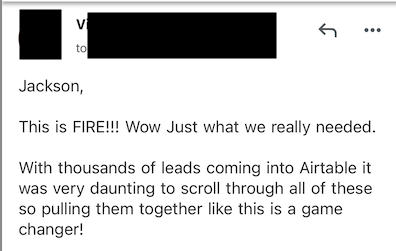 Redacted client testimonial screenshot